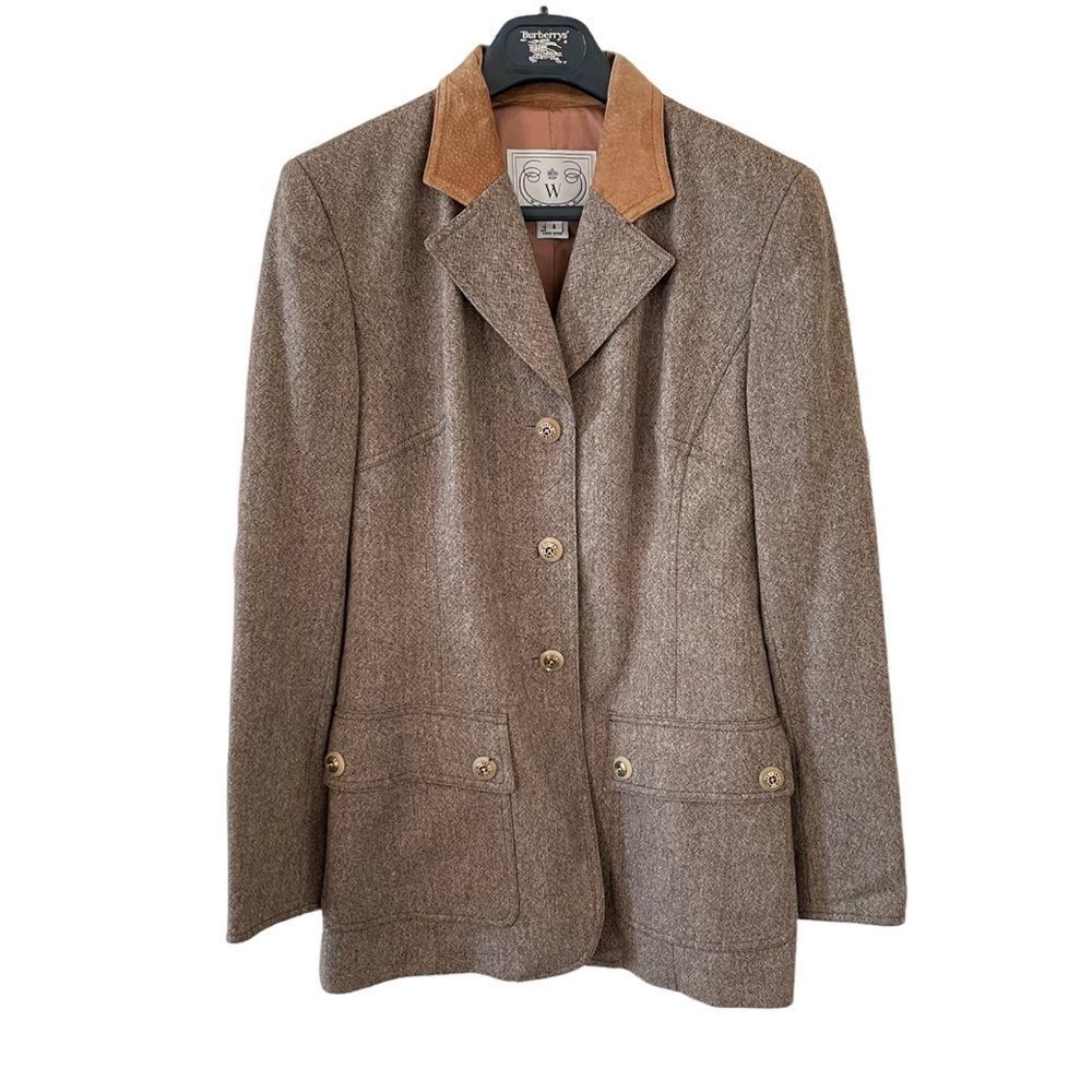 Wathne Wool Herringbone Blazer Suede Collar Vintage 4